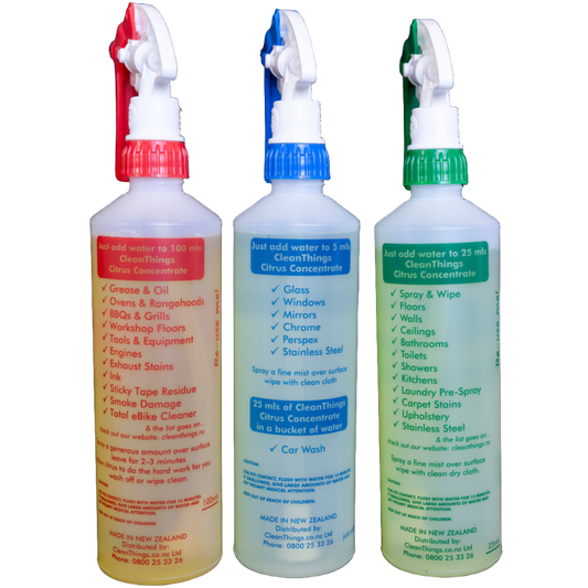 Citrus Cleaner Spray Bottles set of 3 500ml Red HeavyDuty Cleaner & Blue Glass Cleaner & Green Multi Purpose Cleaner backview