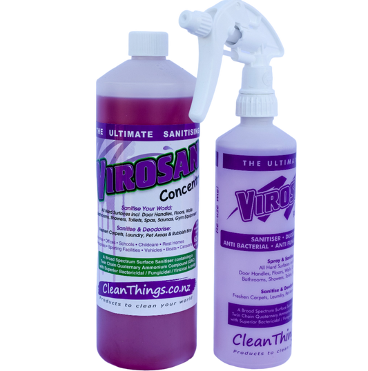 Virosan Sanitiser Deodouriser Concentrate 1 litre plus spray bottle you can re-use & refill 124 times. Sanitise & De-odourise