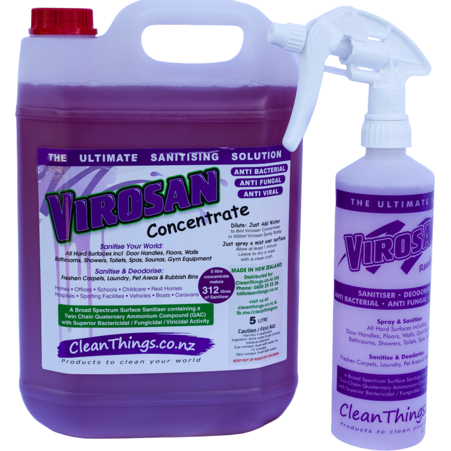 Virosan Sanitiser De-odouriser Concentrate 5 litres makes 312 litres and a ready to use spray bottle you can refill 625 times