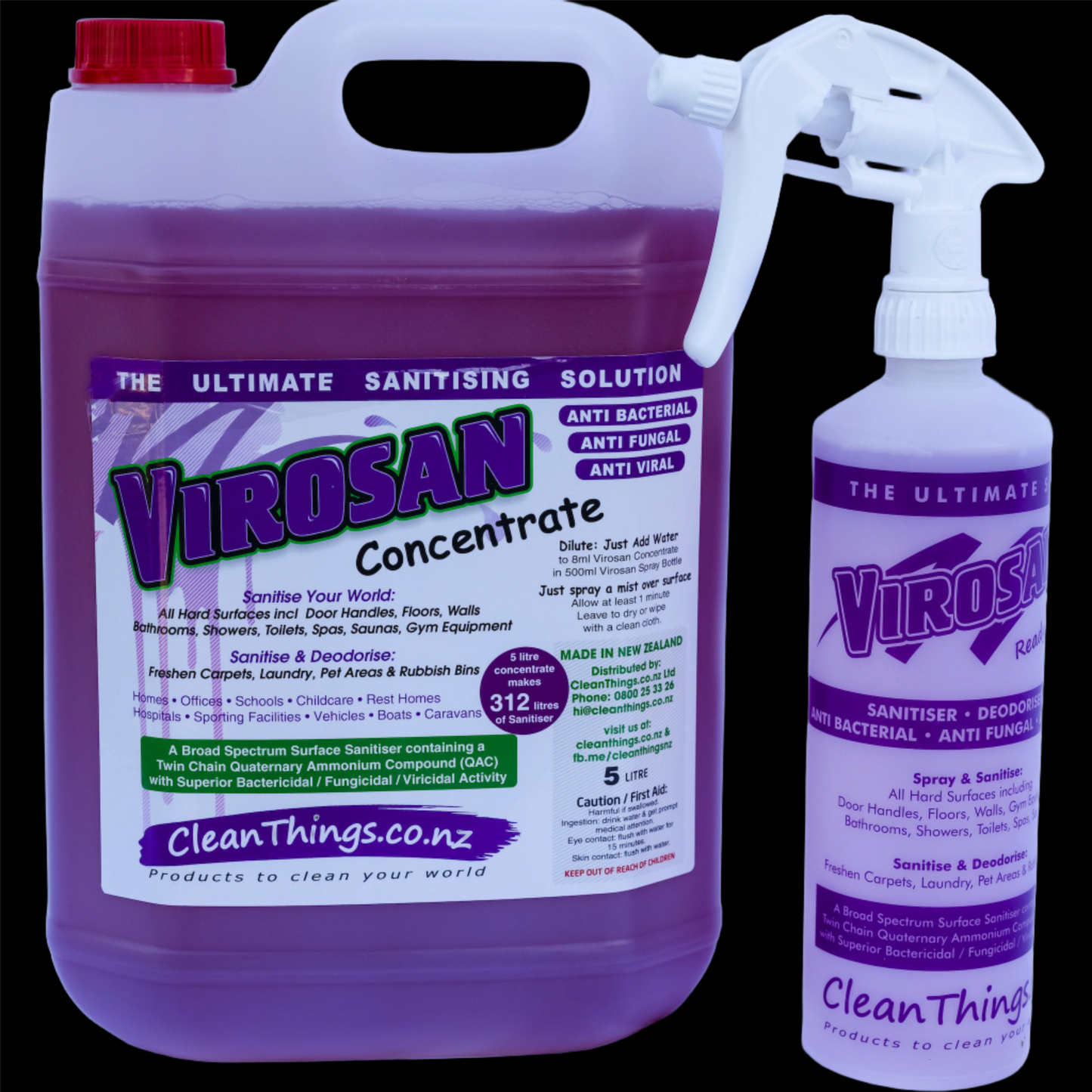 Virosan Sanitiser Deodouriser Concentrate 5 litres makes 312 litres plus a ready-to-use spray bottle you can refill 625 times