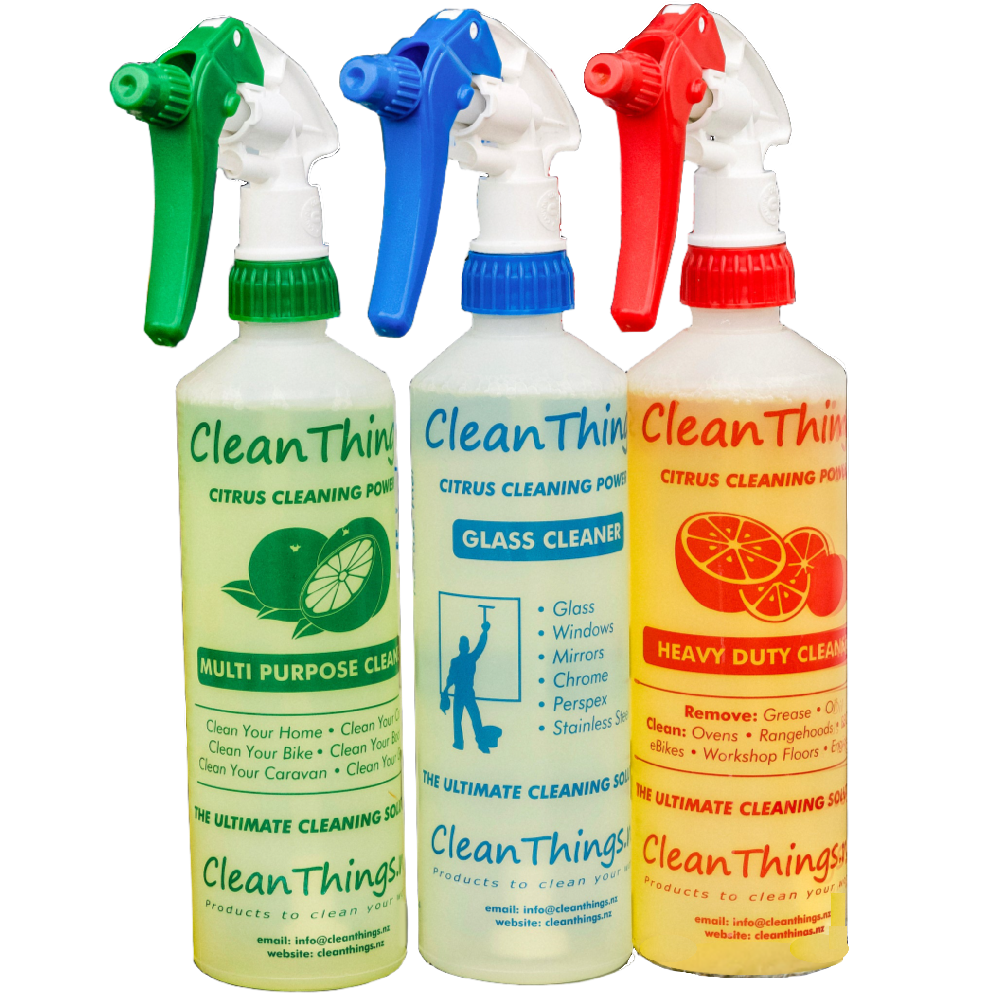 3 Citrus Cleaner Spray Bottles ready to use 500ml: Green Multi Purpose Cleaner & Blue Glass Cleaner & Red Heavy Duty Cleaner