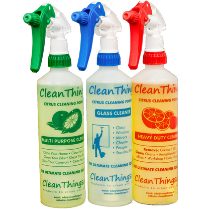 3 Citrus Cleaner Spray Bottles ready to use 500ml: Green Multi Purpose Cleaner & Blue Glass Cleaner & Red Heavy Duty Cleaner