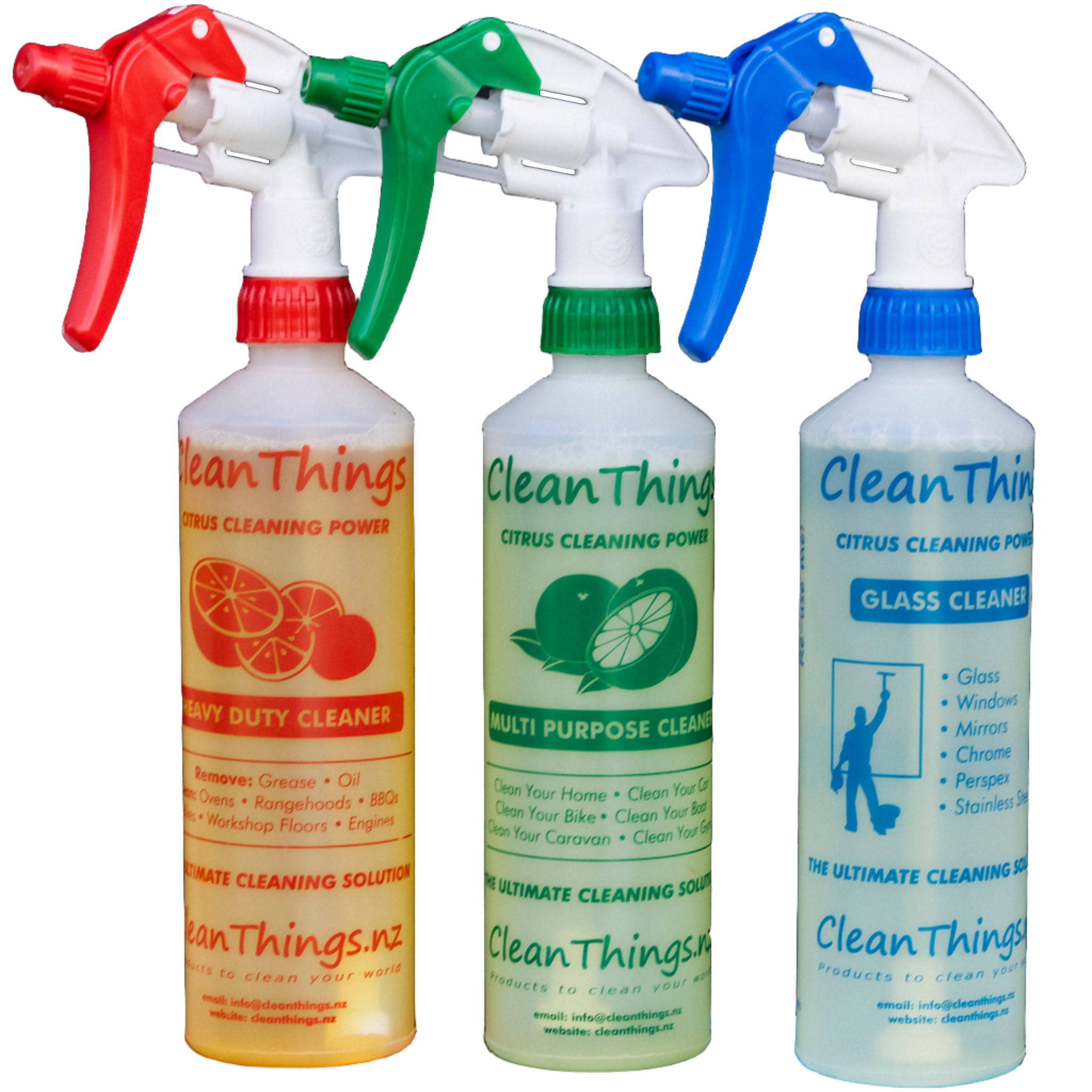 3 Citrus Cleaner Spray Bottles ready to use 500ml: Red Heavy Duty Cleaner & Green Multi Purpose Cleaner & Blue Glass Cleaner