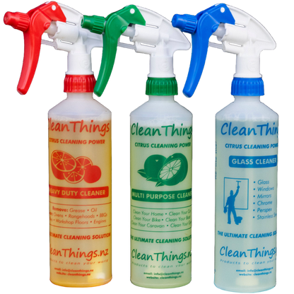 3 Citrus Cleaner Spray Bottles ready to use 500ml: Red Heavy Duty Cleaner & Green Multi Purpose Cleaner & Blue Glass Cleaner