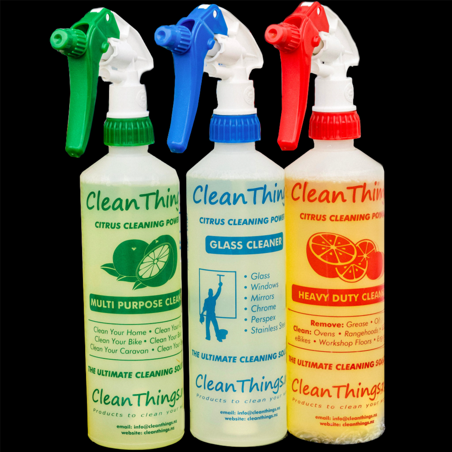 3 Citrus Cleaner Spray Bottles 500mls ready to use: Green Multi Purpose Cleaner & Blue Glass Cleaner & Red Heavy Duty Cleaner