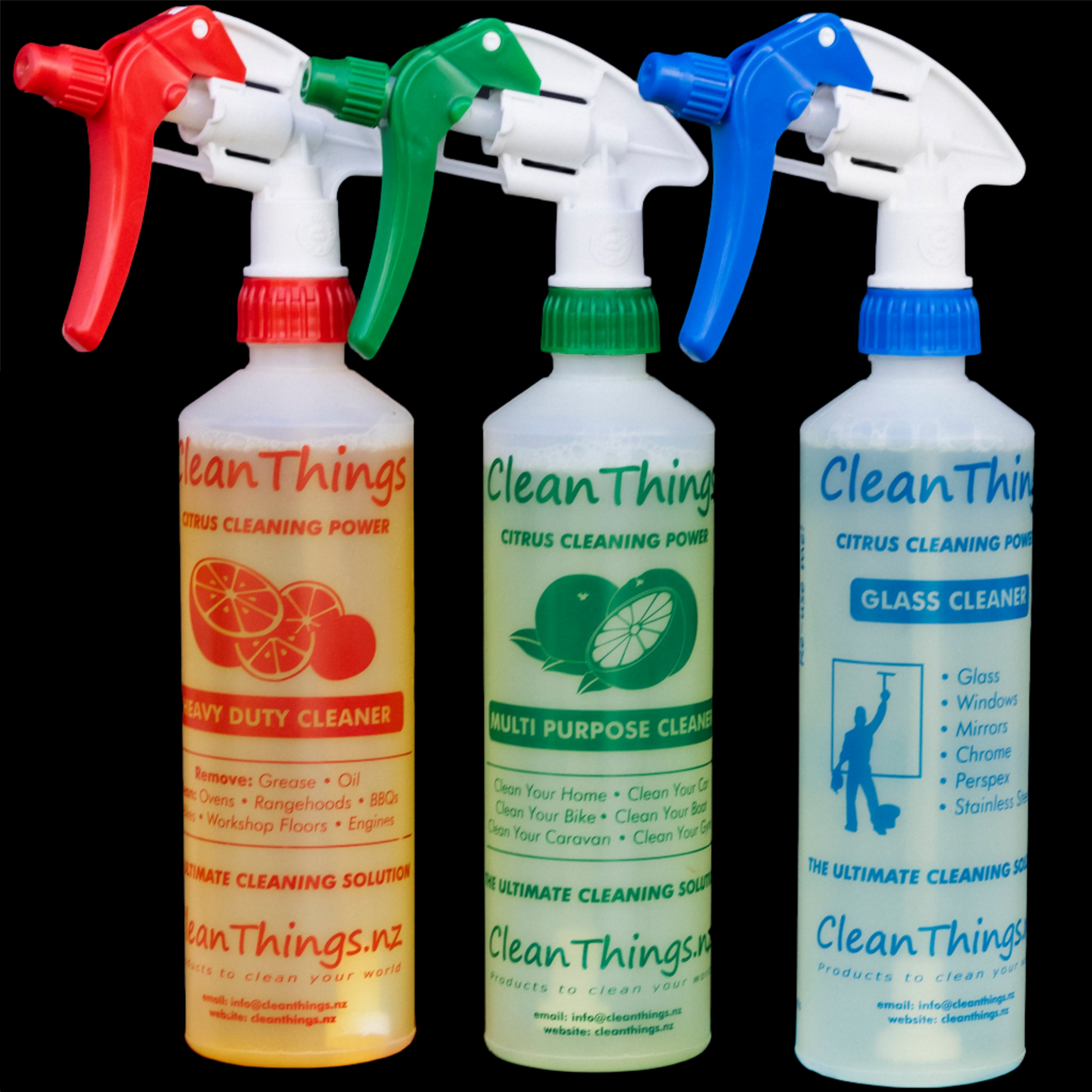 3 Citrus Cleaner Spray Bottles 500ml ready to use. Red Heavy Duty Cleaner & Green Multi Purpose Cleaner & Blue Glass Cleaner