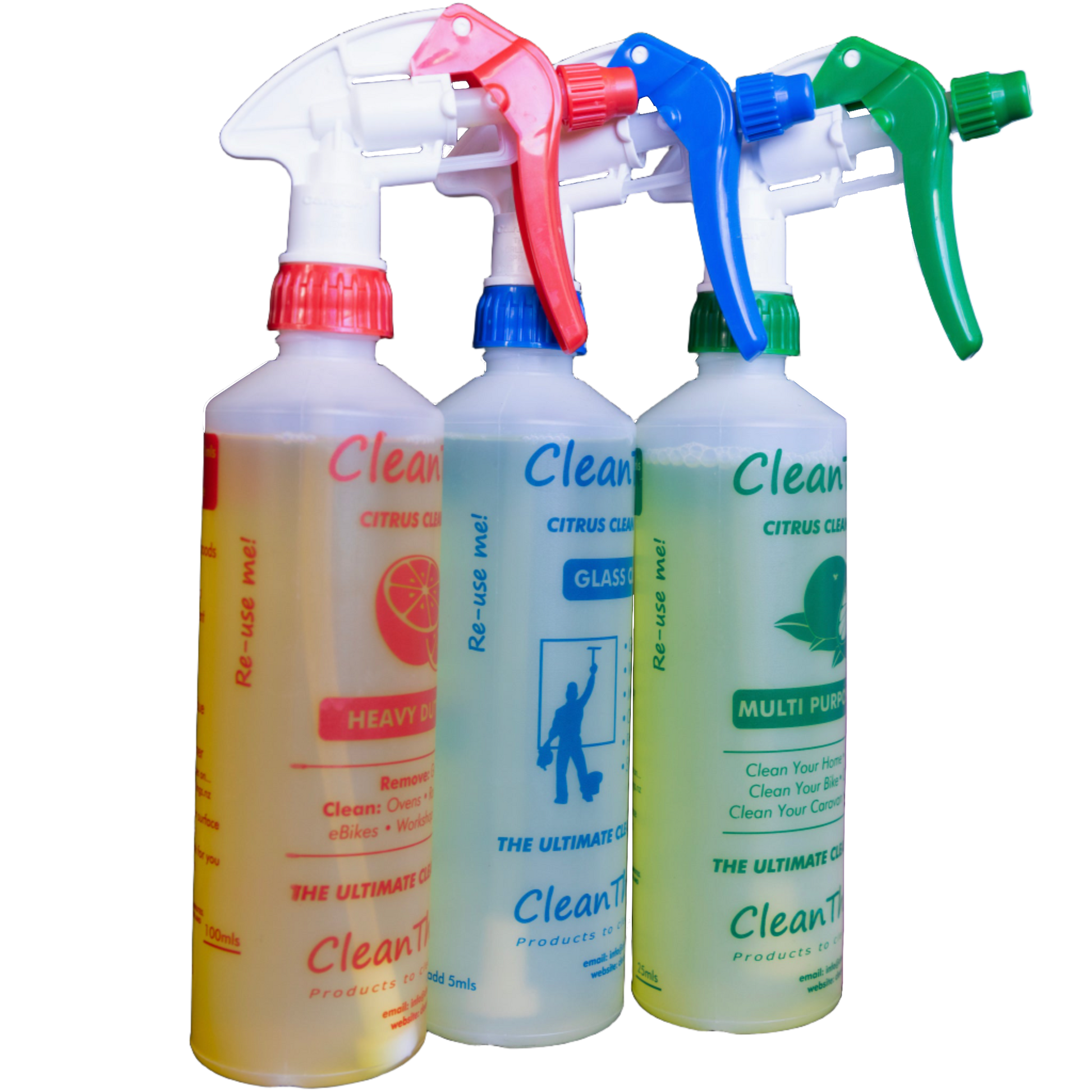 3 Citrus Cleaner Spray Bottles ready2use 500ml Red Heavy Duty Cleaner Blue Glass Cleaner Green MultiPurpose Cleaner Re-Use Me