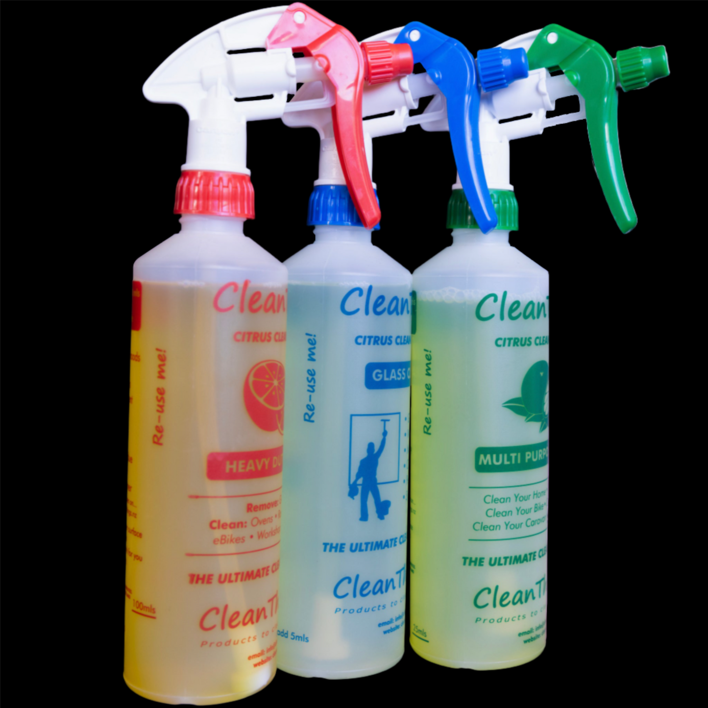 Citrus Cleaner Spray Bottles set of 3 Red Heavy Duty Cleaner & Blue Glass Cleaner & Green Multi Purpose Cleaner refill reuse