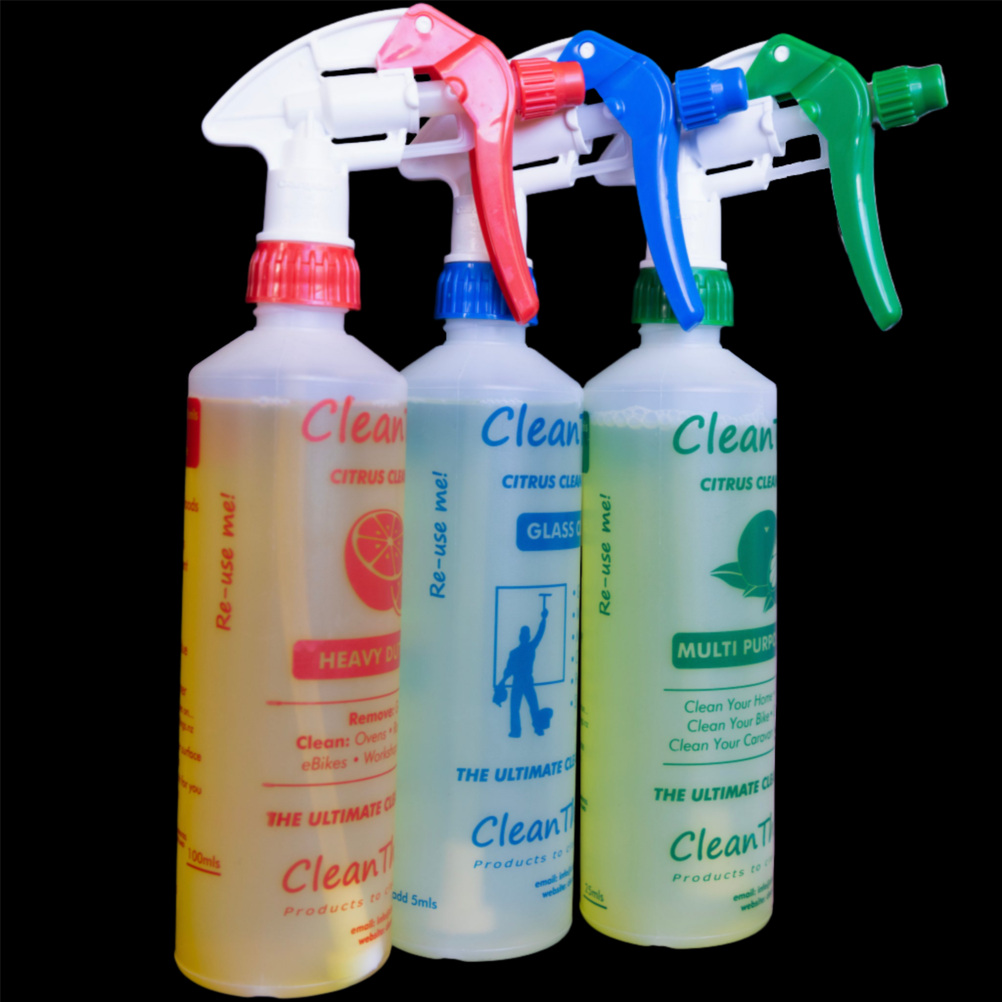 Citrus Cleaner Spray Bottles set of 3 Red Heavy Duty Cleaner & Blue Glass Cleaner & Green Multi Purpose Cleaner refill reuse