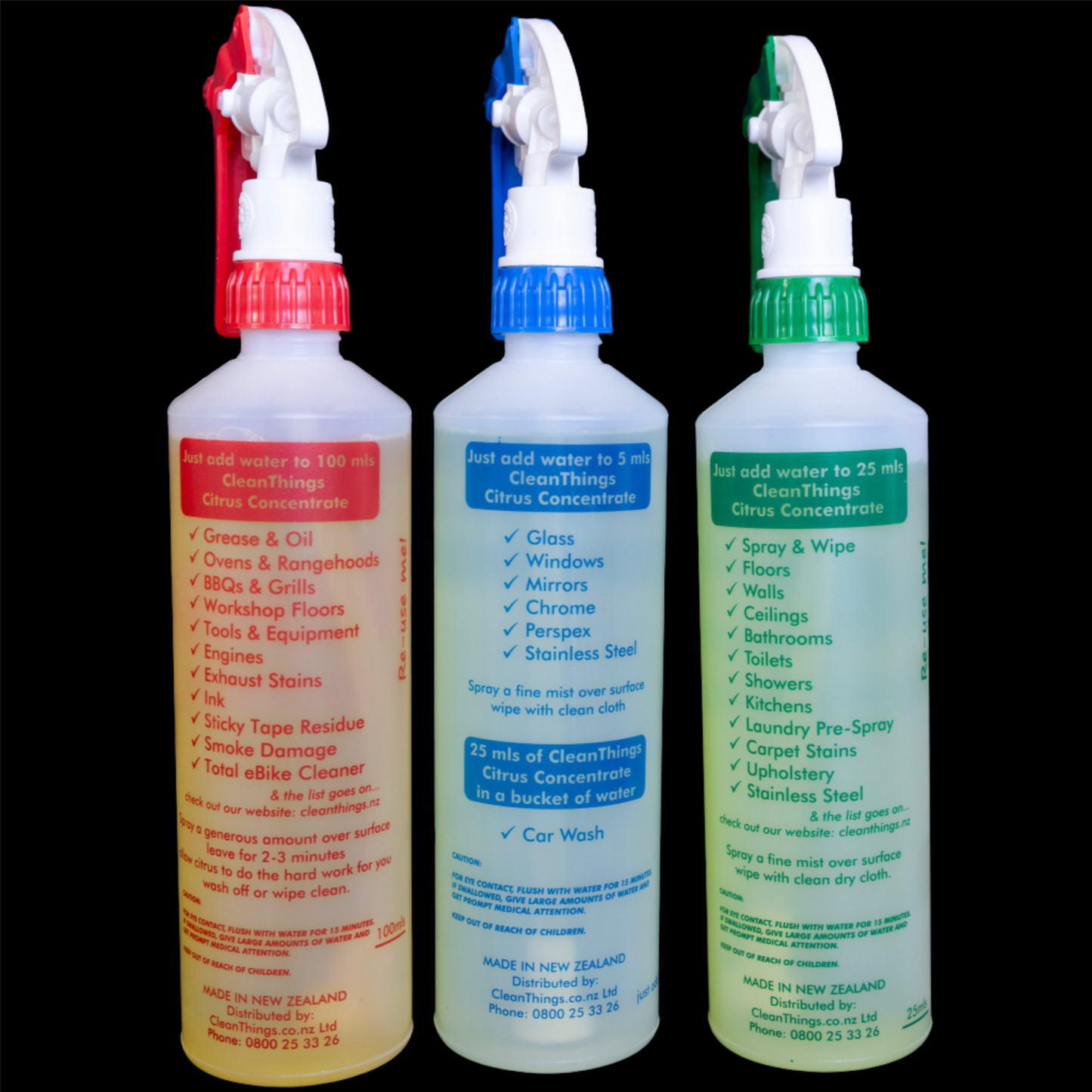 3 Citrus Cleaner Spray Bottles ready2use 500ml Red Heavy Duty Cleaner Blue Glass Cleaner Green MultiPurpose Cleaner back view