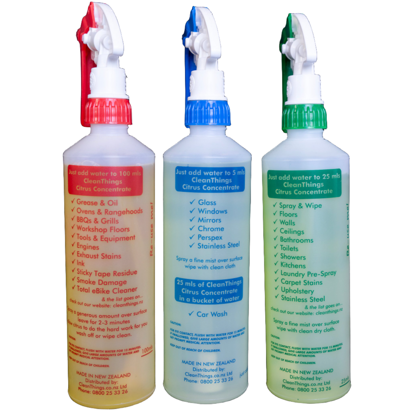 Citrus Cleaner Spray Bottles set of 3 500ml Red HeavyDuty Cleaner & Blue Glass Cleaner & Green Multi Purpose Cleaner backview