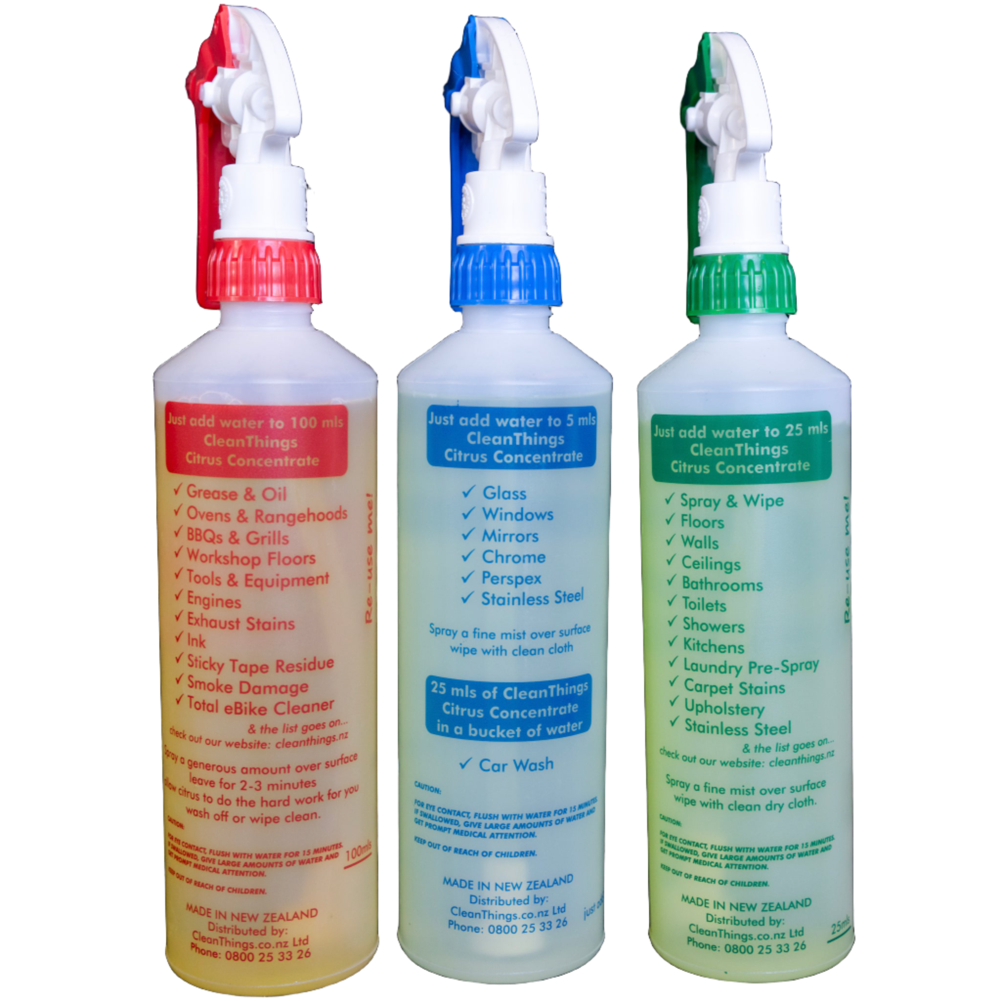 Citrus Cleaner Spray Bottles set of 3 500ml Red HeavyDuty Cleaner & Blue Glass Cleaner & Green Multi Purpose Cleaner backview
