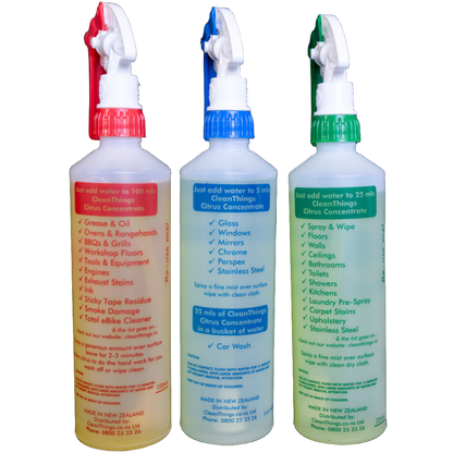 Citrus Cleaner Spray Bottles set of 3 500ml Red HeavyDuty Cleaner & Blue Glass Cleaner & Green Multi Purpose Cleaner backview