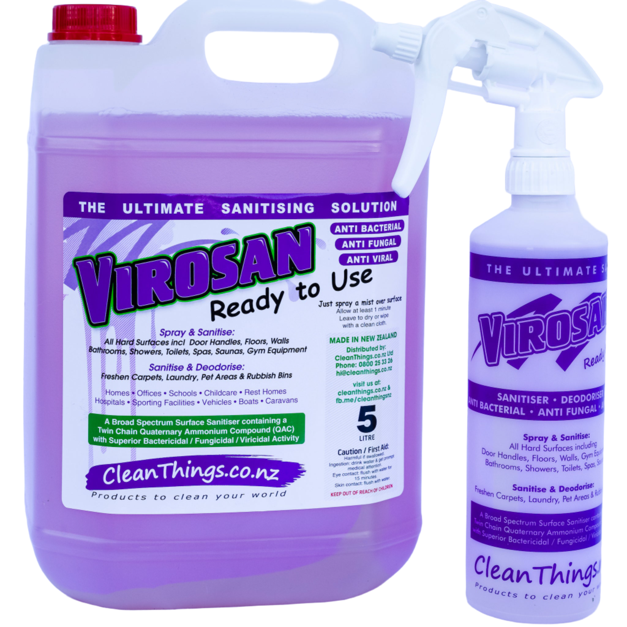 Virosan Sanitiser De-odouriser 5 ltrs ready to use + 500ml Virosan Sanitiser Deodouriser spray bottle you can refill 10 times