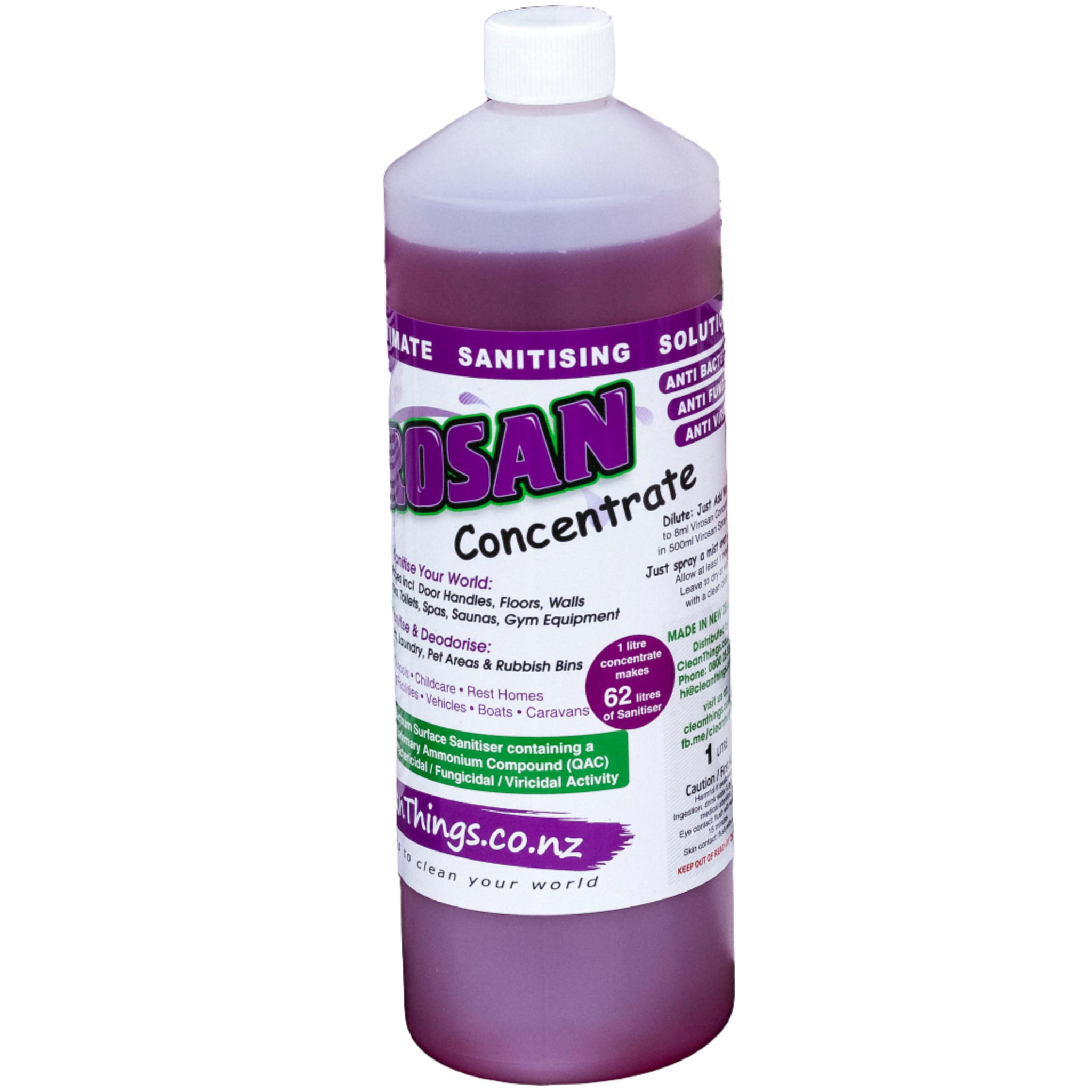 Virosan Sanitiser Deodouriser Concentrate 1 litre makes 62 litres Sanitise surfaces, laundry and Deodourise Kill bad smells