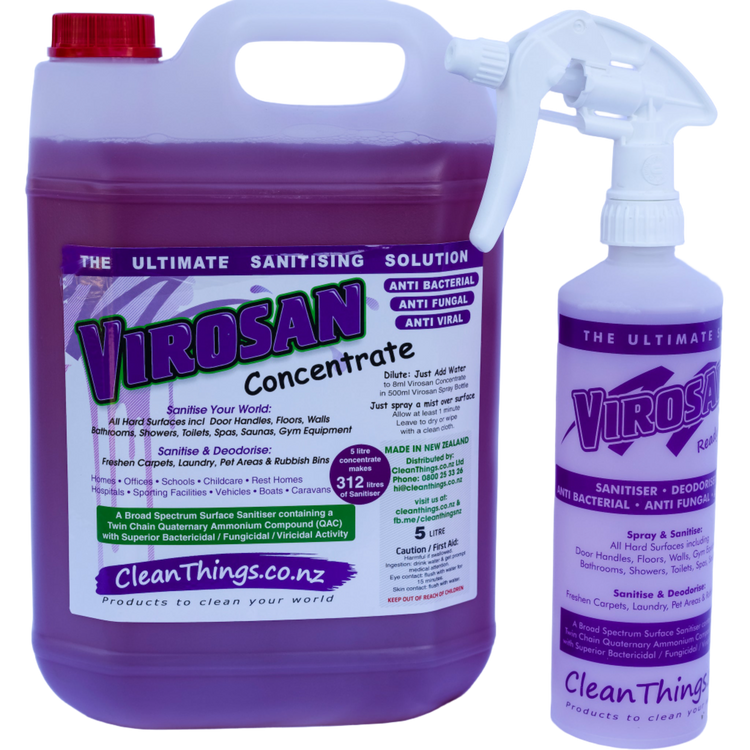 Virosan Sanitiser De-odouriser Concentrate 5 litres makes 312 litres and a ready to use spray bottle you can refill 625 times