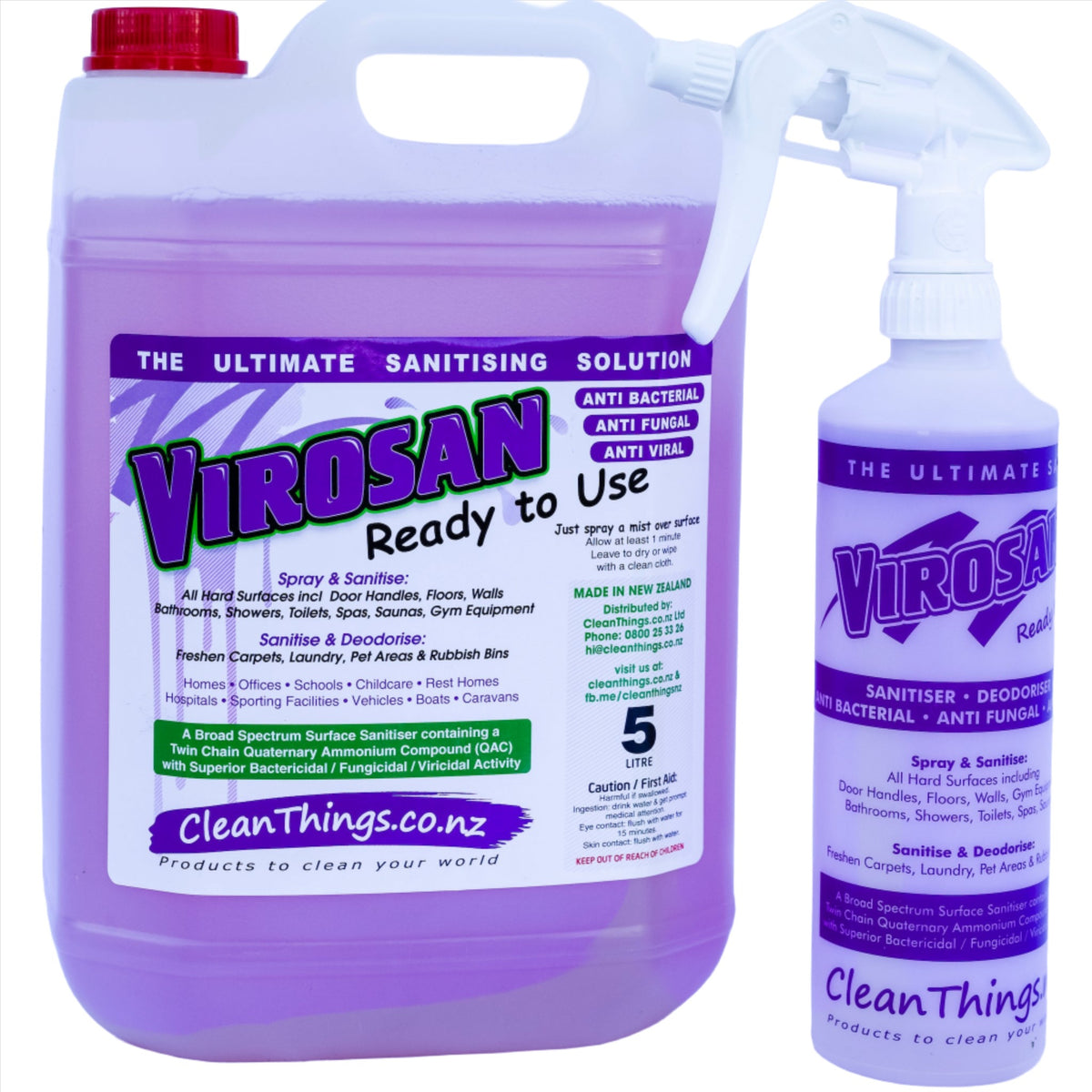Virosan Sanitiser Deodouriser 5 litres ready2use and 500ml Virosan Sanitiser Deodouriser spray bottle you can refill 10 times