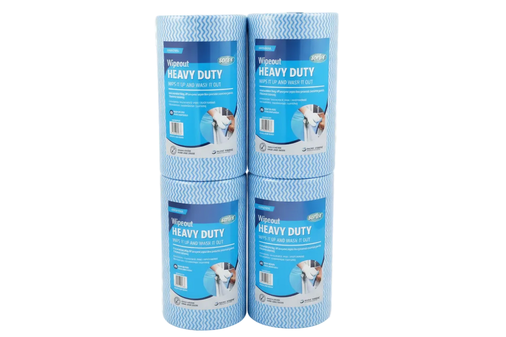 Blue Sorb-X Wipeout Heavy Duty Rolls Stacked. Quantity 4