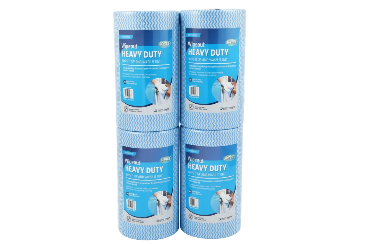 Blue Sorb-X Wipeout Heavy Duty Rolls Stacked. Quantity 4