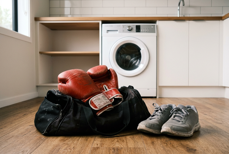 Red boxing gloves on a black gym bag beside grey running shoes in a modern laundry