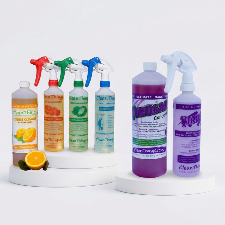 Clean Things Citrus Cleaner 1L concentrate with 3 colour-coded spray bottles, & Virosan 1L concentrate with its purple spray bottle