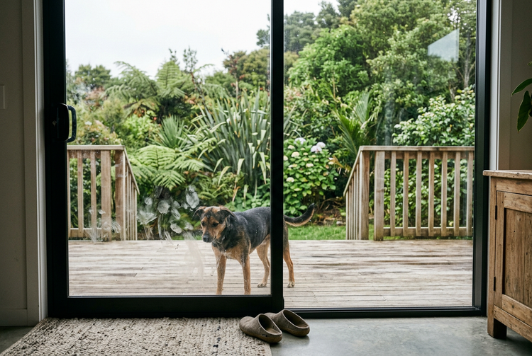 Dog on the deck looking in through black-framed glass sliding doors with smudges on the glass