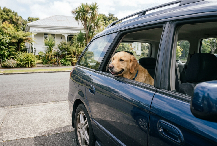 Golden retriever leaning out of the back window of a blue station wagon on a New Zealand street