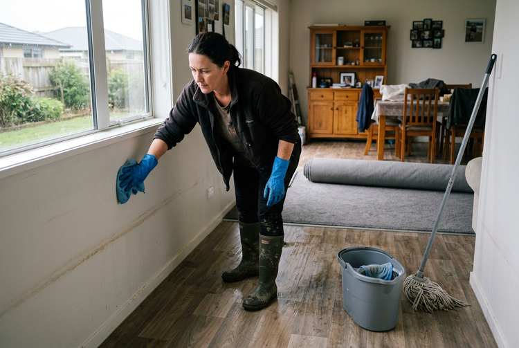 Woman in rubber gloves and gumboots wiping down a wall after a flood, with a mop, bucket and rolled-up carpet nearby