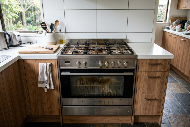 Modern kitchen with a stainless steel oven and gas cooktop, grease on the oven glass and spills around the burners