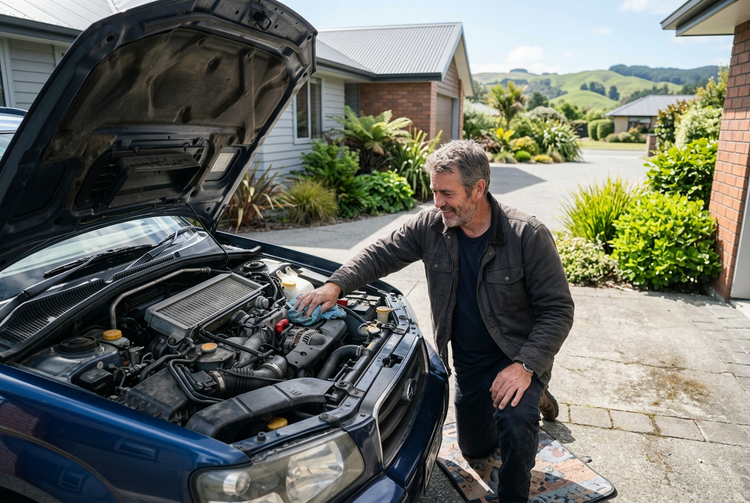 Man wiping grease off a car engine with a rag on a sunny driveway