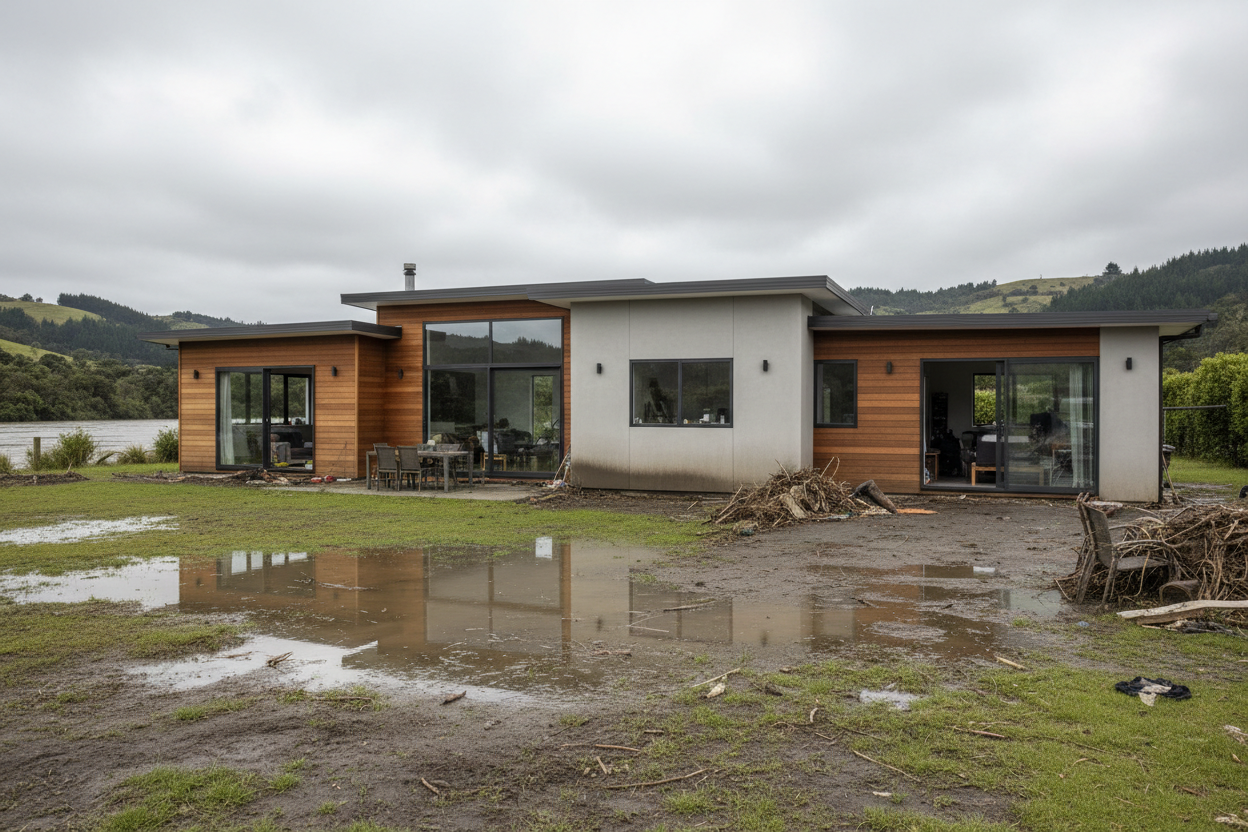 Modern NZ house with receded flood water