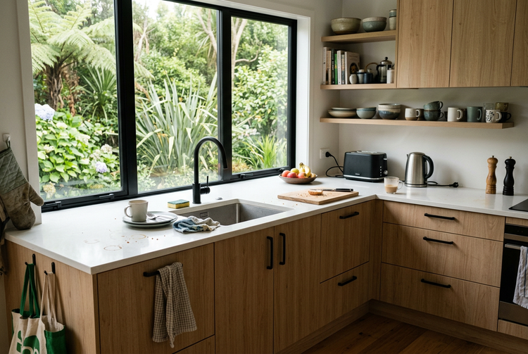 Lived-in modern kitchen with a white benchtop, timber cabinets, black tapware and a garden view