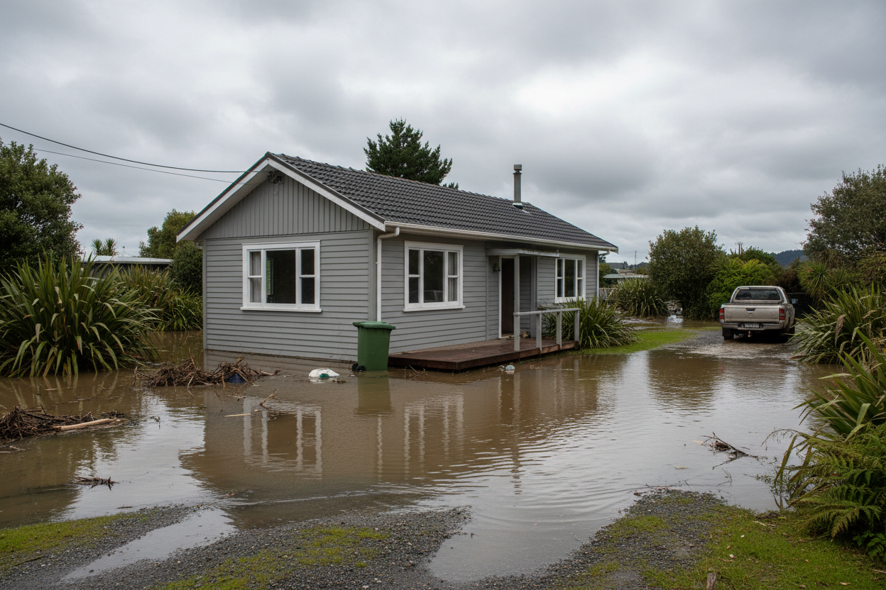 New Zealand house with active flooding