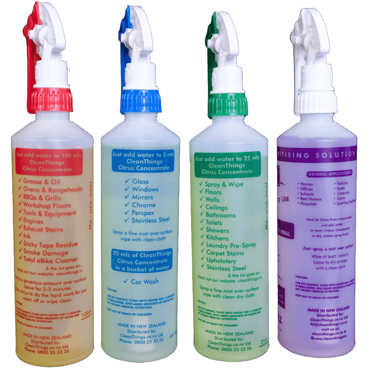 Spray Bottles (set of 4): Heavy Duty Cleaner + Glass Cleaner + Multi Purpose Cleaner + Virosan Sanitiser De - Odouriser - Cleaning Product - Clean Things