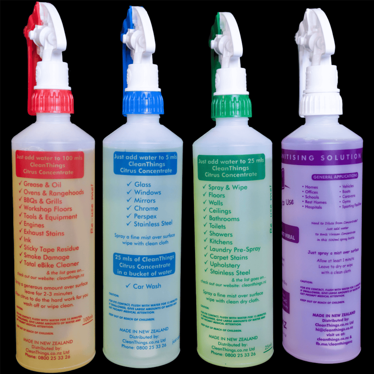 Spray Bottles (set of 4): Heavy Duty Cleaner + Glass Cleaner + Multi Purpose Cleaner + Virosan Sanitiser De - Odouriser - Cleaning Product - Clean Things