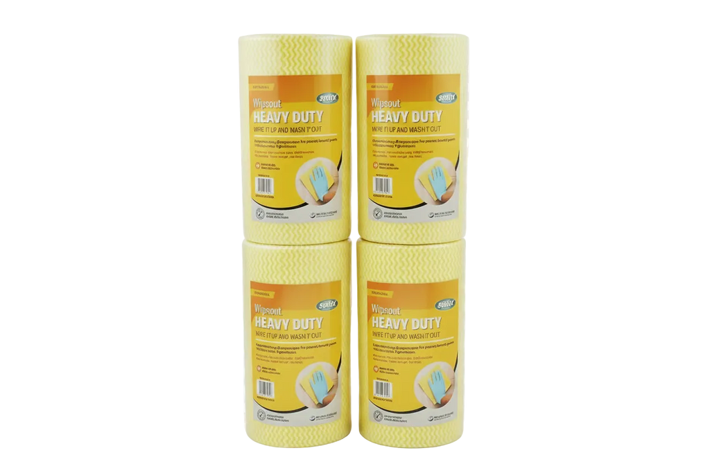 Yellow Sorb-X Wipeout Heavy Duty Rolls Stacked. Quantity 4